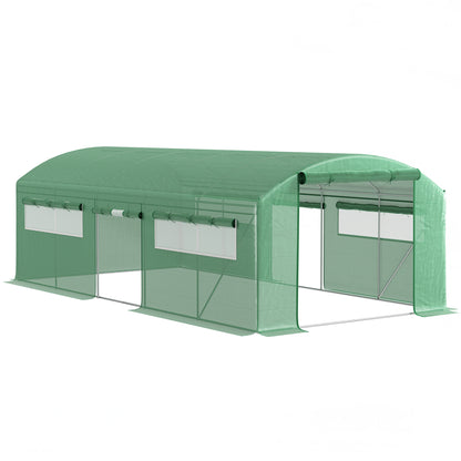 Outdoor Greenhouse 6x3x2 m Tunnel Greenhouse with 6 Mesh Windows Anti-UV PE Cover and 3 Roll-Up Zipper Doors Green Garden Patio Greenhouse