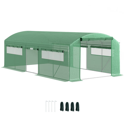 Outdoor Greenhouse 6x3x2 m Tunnel Greenhouse with 6 Mesh Windows Anti-UV PE Cover and 3 Roll-Up Zipper Doors Green Garden Patio Greenhouse