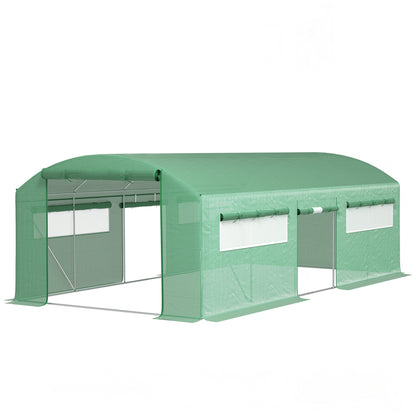 Outdoor Greenhouse 6x3x2 m Tunnel Greenhouse with 6 Mesh Windows Anti-UV PE Cover and 3 Roll-Up Zipper Doors Green Garden Patio Greenhouse