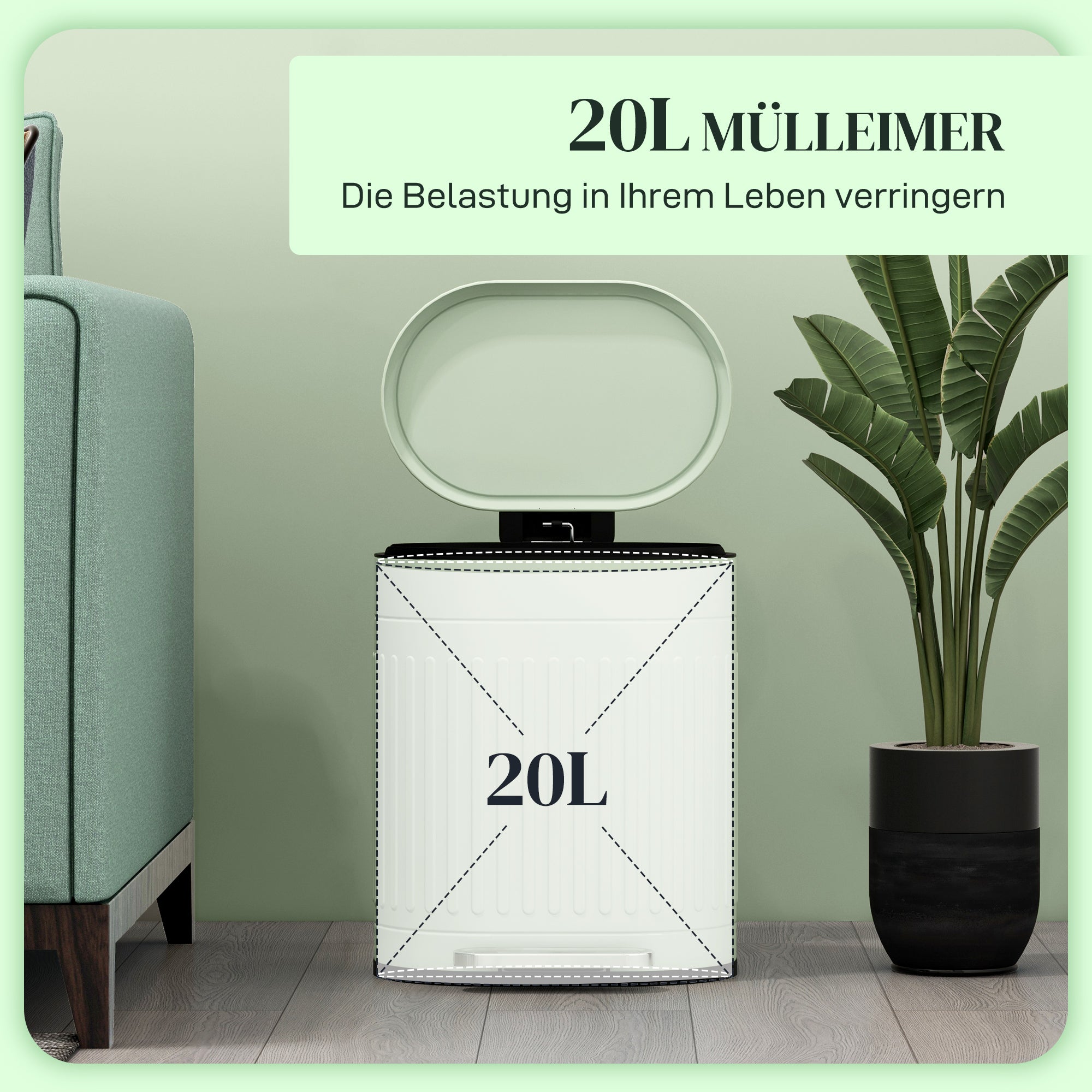 20 L Step Trash Can with Lid & Foot Pedal — Removable Inner Bin, Soft-Close — Green, 36.5 x 31.2 x 45 cm