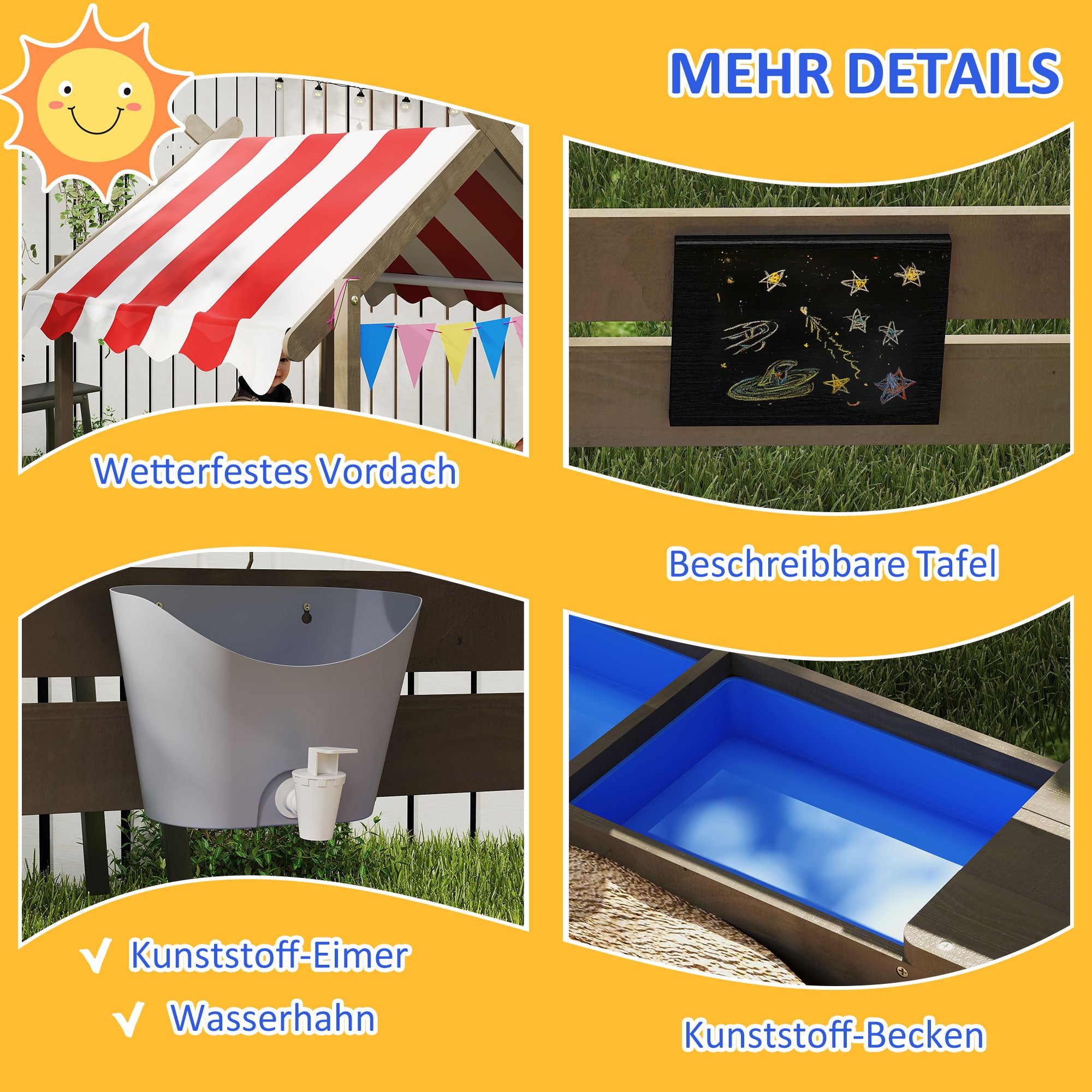 Sandpit with Roof, Wooden Sandbox with Seating, Playhouse, 124 x 116 x 146 cm Sandbox with Chalkboard for 3-7 Year Olds Children, Garden, Gray