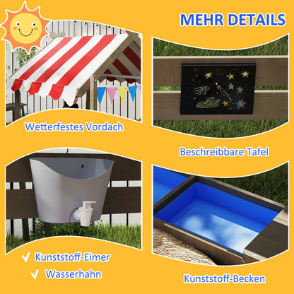 Sandpit with Roof, Wooden Sandbox with Seating, Playhouse, 124 x 116 x 146 cm Sandbox with Chalkboard for 3-7 Year Olds Children, Garden, Gray