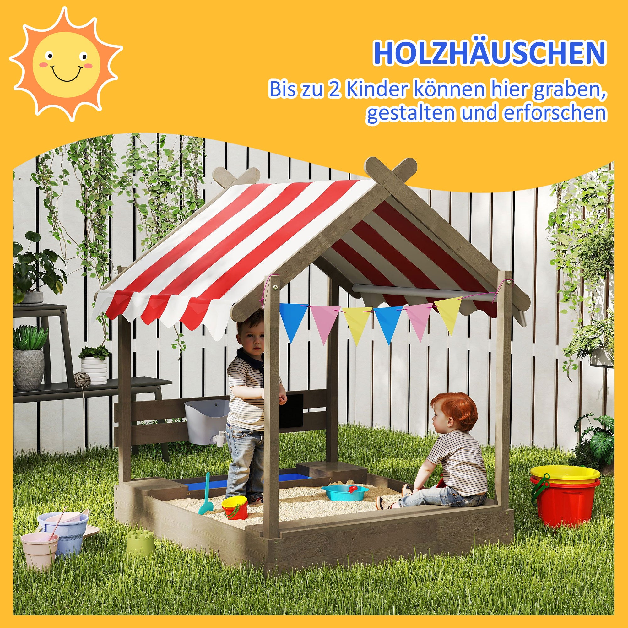 Sandpit with Roof, Wooden Sandbox with Seating, Playhouse, 124 x 116 x 146 cm Sandbox with Chalkboard for 3-7 Year Olds Children, Garden, Gray