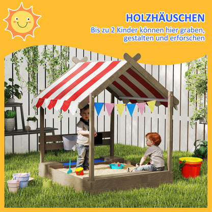 Sandpit with Roof, Wooden Sandbox with Seating, Playhouse, 124 x 116 x 146 cm Sandbox with Chalkboard for 3-7 Year Olds Children, Garden, Gray