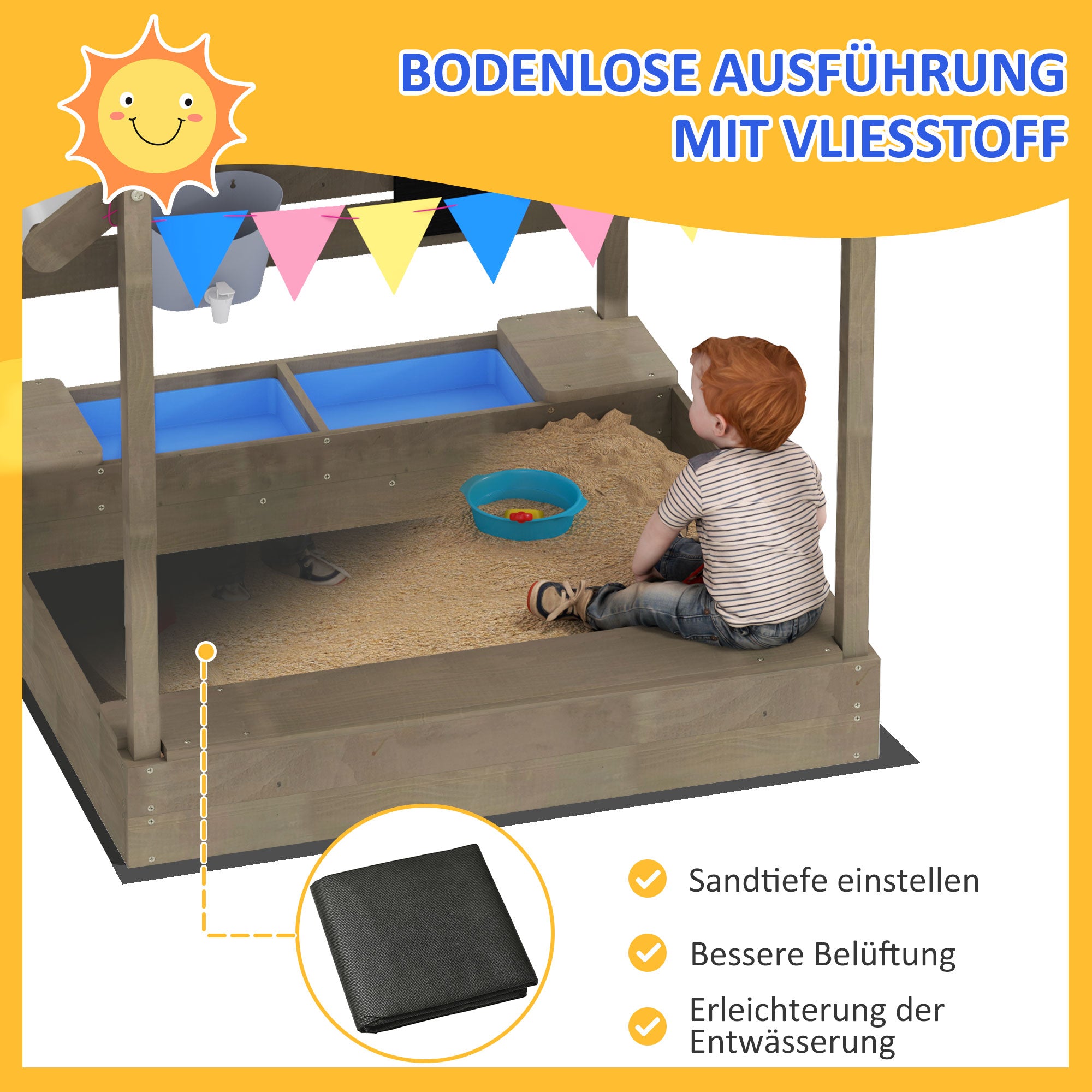 Sandpit with Roof, Wooden Sandbox with Seating, Playhouse, 124 x 116 x 146 cm Sandbox with Chalkboard for 3-7 Year Olds Children, Garden, Gray