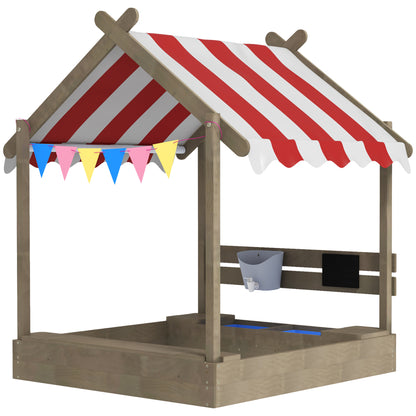 Sandpit with Roof, Wooden Sandbox with Seating, Playhouse, 124 x 116 x 146 cm Sandbox with Chalkboard for 3-7 Year Olds Children, Garden, Gray