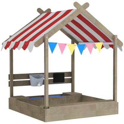 Sandpit with Roof, Wooden Sandbox with Seating, Playhouse, 124 x 116 x 146 cm Sandbox with Chalkboard for 3-7 Year Olds Children, Garden, Gray