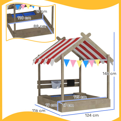Sandpit with Roof, Wooden Sandbox with Seating, Playhouse, 124 x 116 x 146 cm Sandbox with Chalkboard for 3-7 Year Olds Children, Garden, Gray