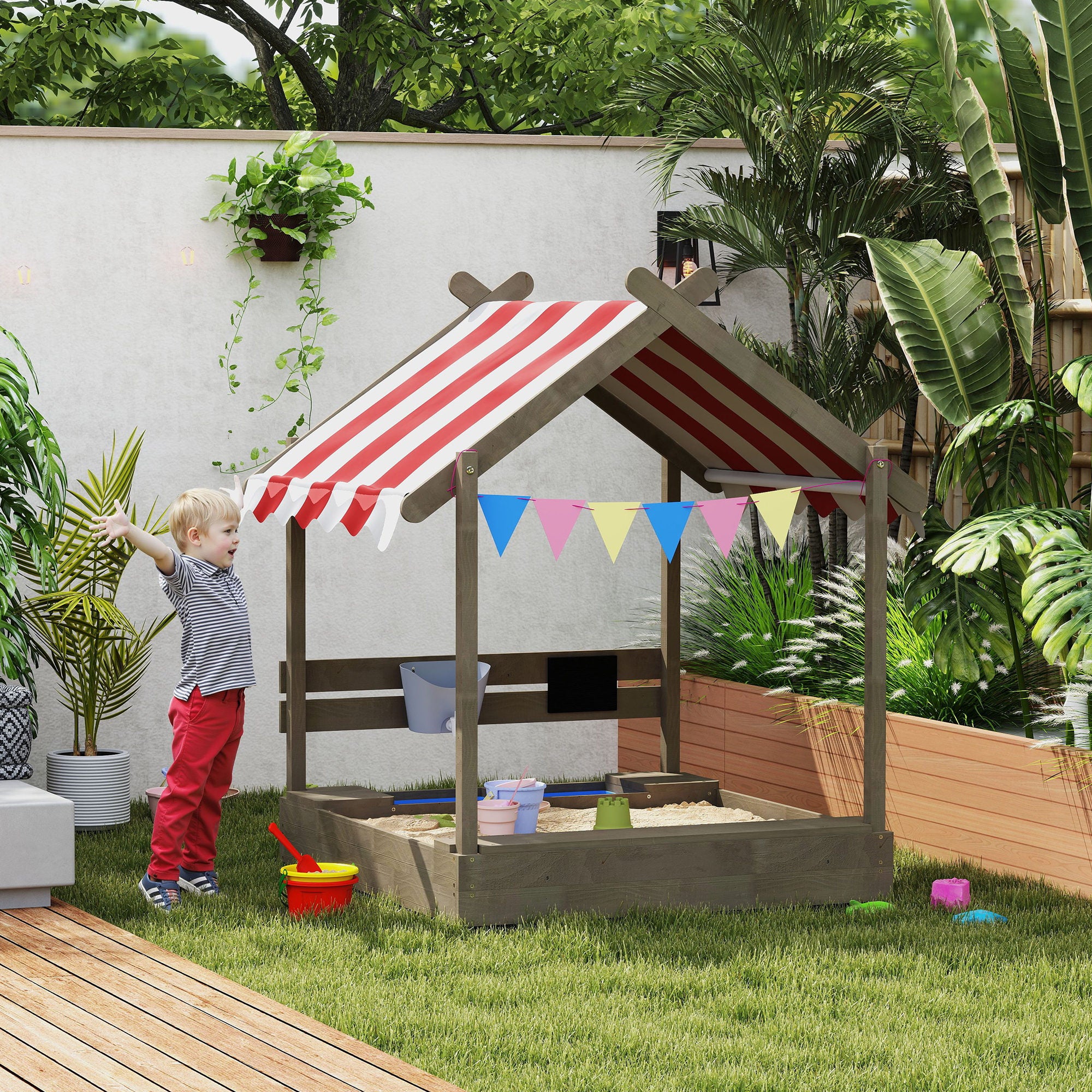 Sandpit with Roof, Wooden Sandbox with Seating, Playhouse, 124 x 116 x 146 cm Sandbox with Chalkboard for 3-7 Year Olds Children, Garden, Gray