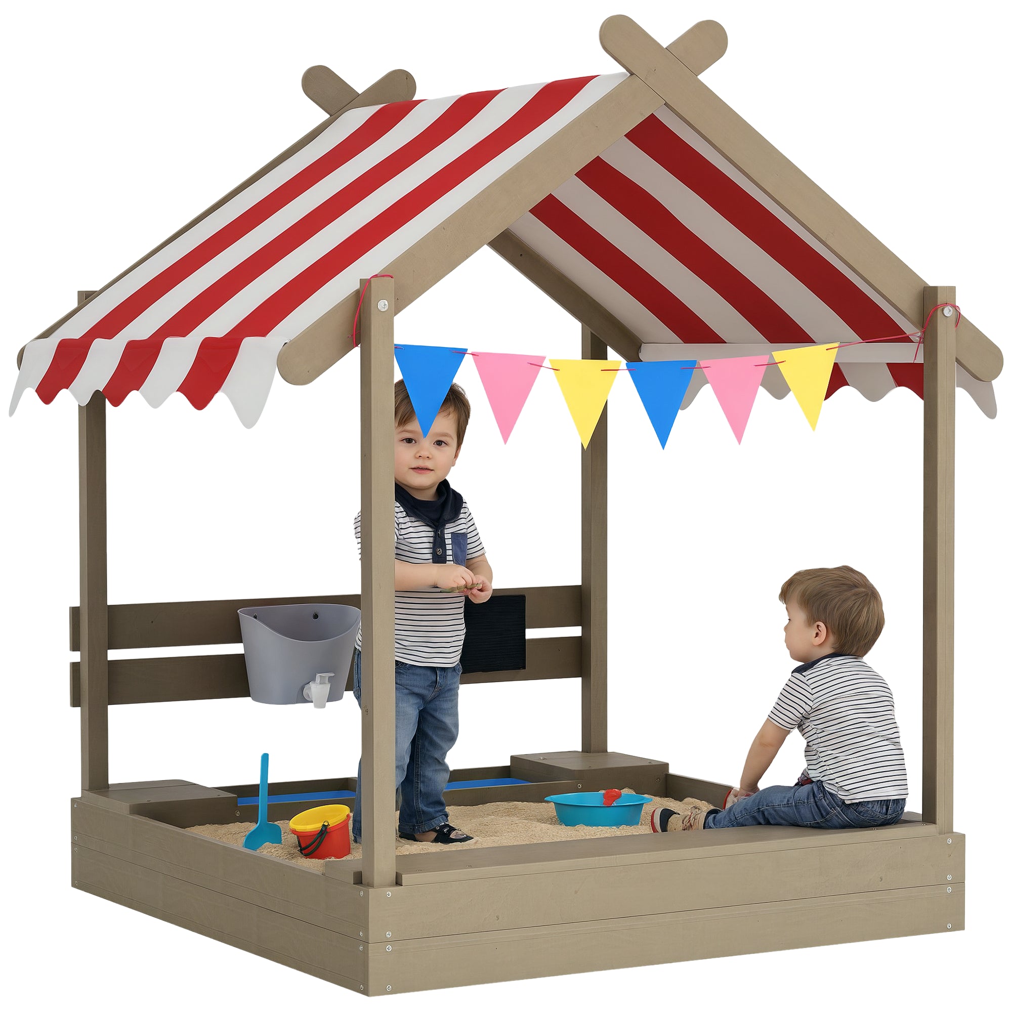 Sandpit with Roof, Wooden Sandbox with Seating, Playhouse, 124 x 116 x 146 cm Sandbox with Chalkboard for 3-7 Year Olds Children, Garden, Gray