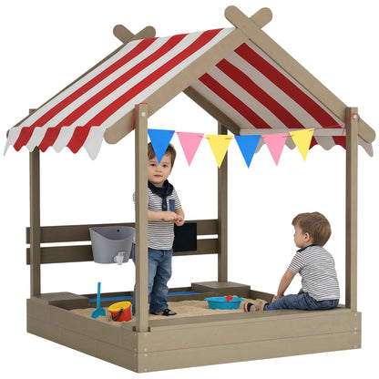 Sandpit with Roof, Wooden Sandbox with Seating, Playhouse, 124 x 116 x 146 cm Sandbox with Chalkboard for 3-7 Year Olds Children, Garden, Gray