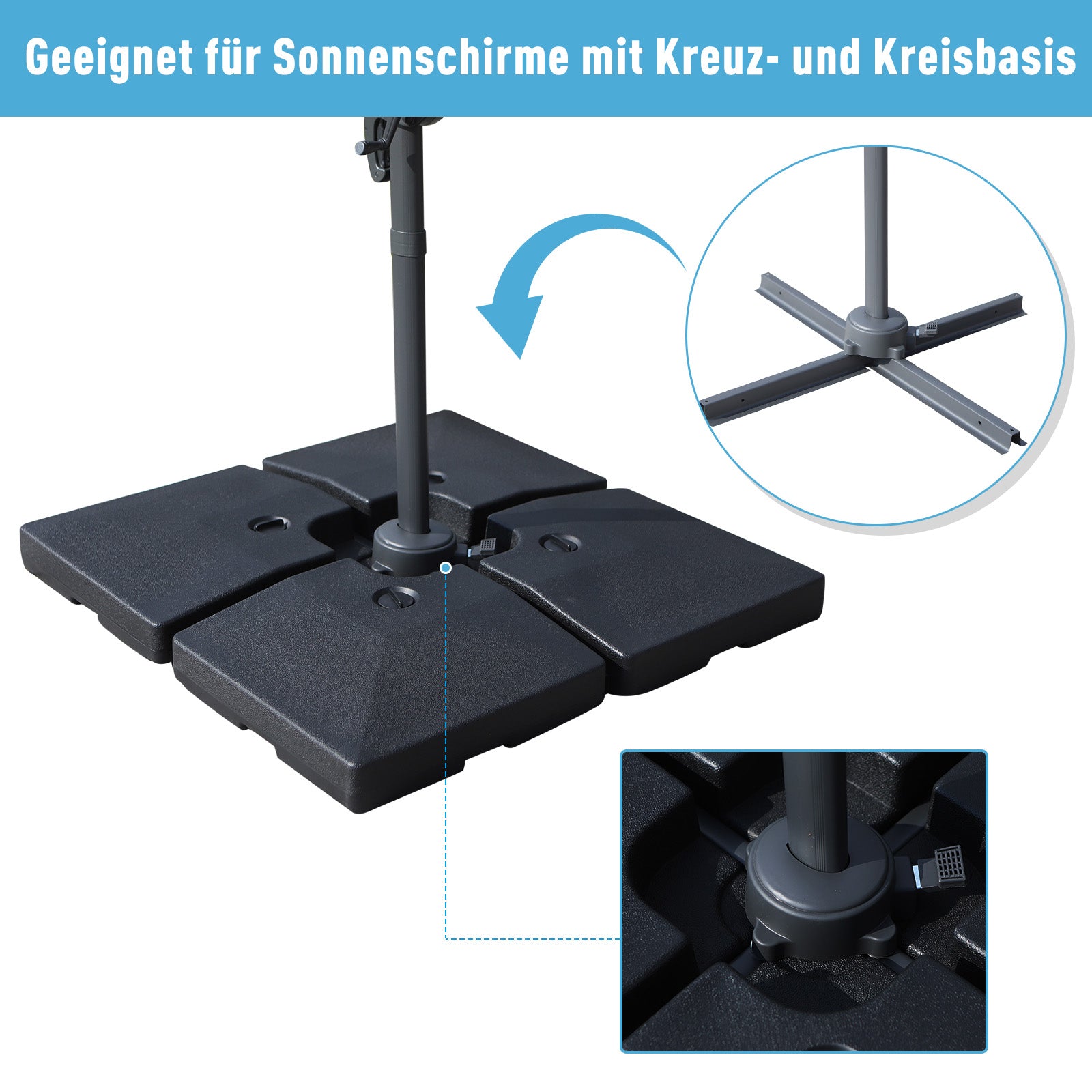 4 x Umbrella Weight Umbrella Stand Fillable with Sand Water HDPE Plastic Black Dimensions per Element 51 x 51 x 12 cm up to 130 kg