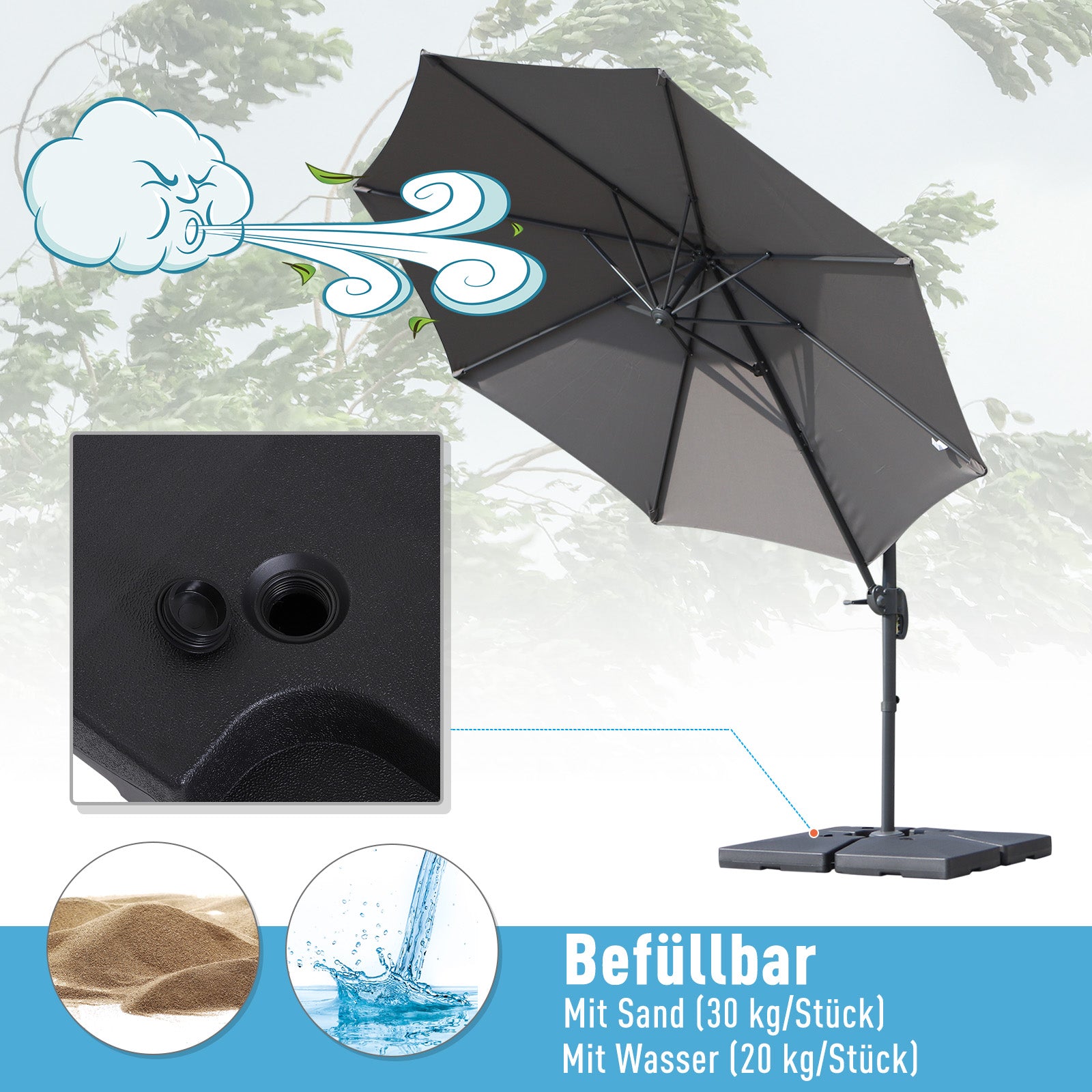4 x Umbrella Weight Umbrella Stand Fillable with Sand Water HDPE Plastic Black Dimensions per Element 51 x 51 x 12 cm up to 130 kg