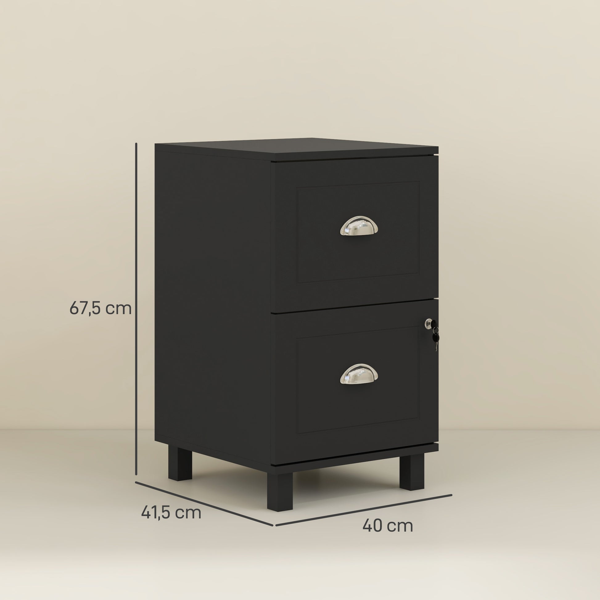 Office File Cabinet with 2 Drawers Lockable Filing Cabinet for Desk with Hanging Folders for A4 and Letter 40x41.5x67.5 cm Black