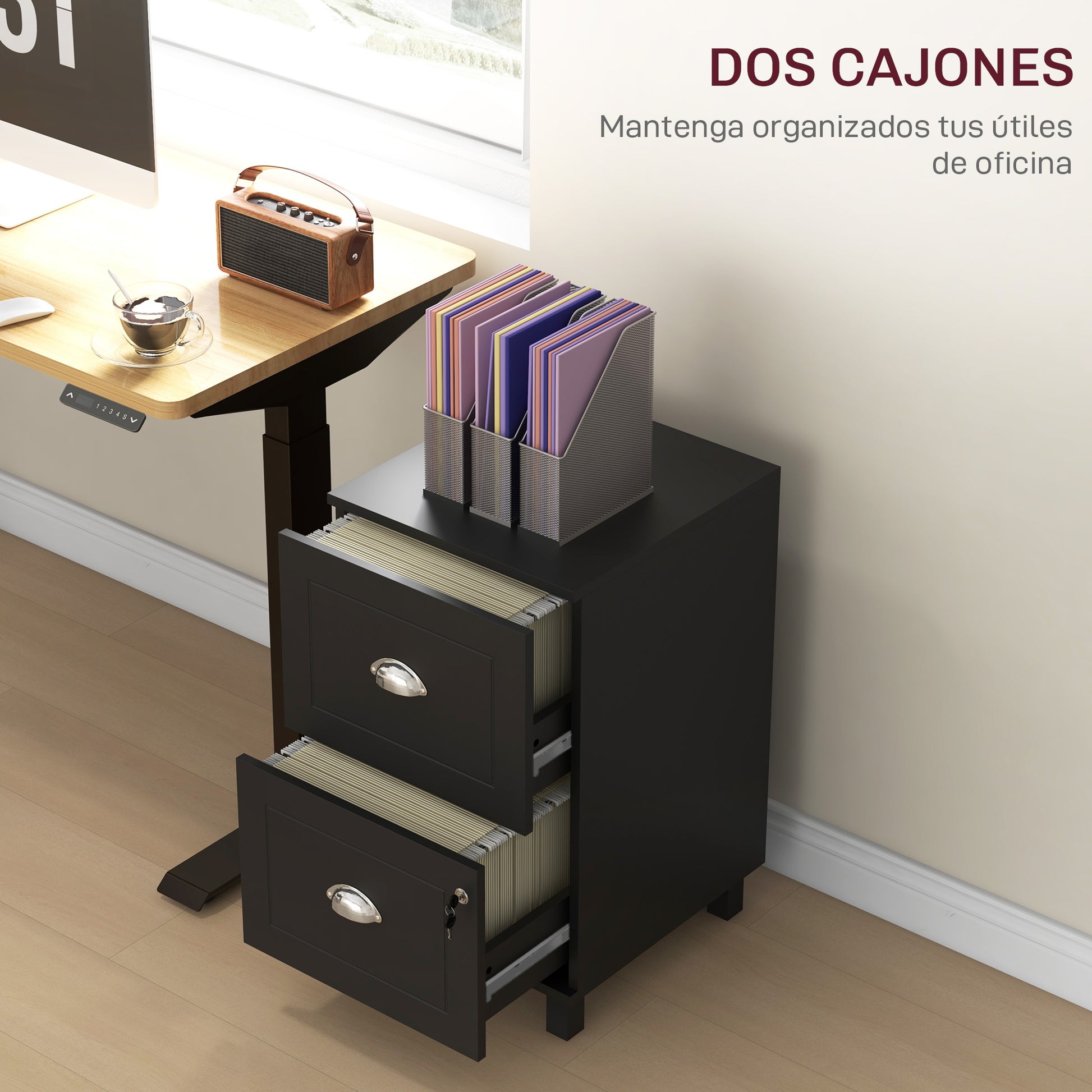 Office File Cabinet with 2 Drawers Lockable Filing Cabinet for Desk with Hanging Folders for A4 and Letter 40x41.5x67.5 cm Black