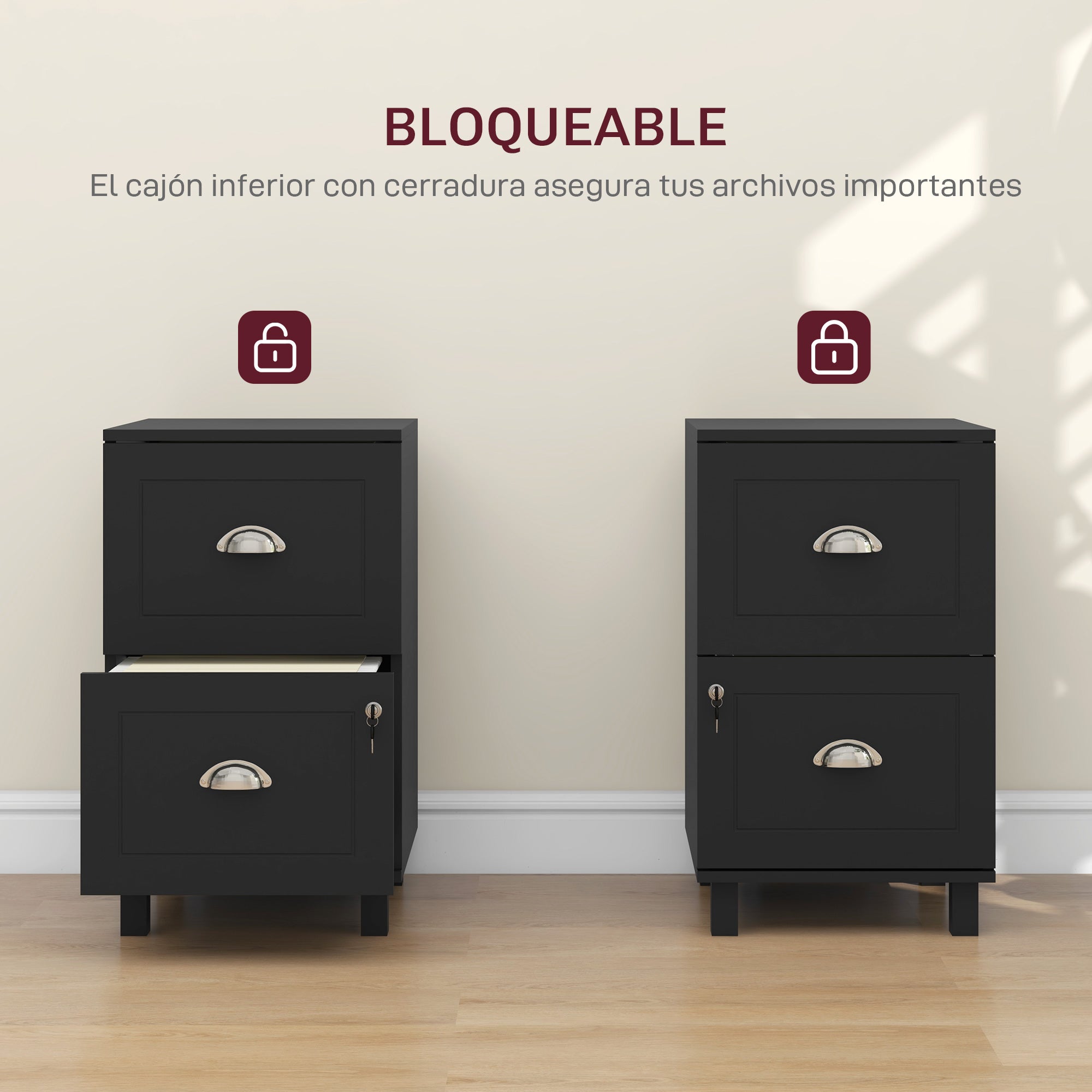 Office File Cabinet with 2 Drawers Lockable Filing Cabinet for Desk with Hanging Folders for A4 and Letter 40x41.5x67.5 cm Black