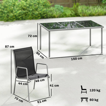 7-Piece Outdoor Dining Set – Tempered Glass Table with 6 Stackable Breathable Chairs, Weather-Resistant Powder-Coated Metal Frame, Black & Silver