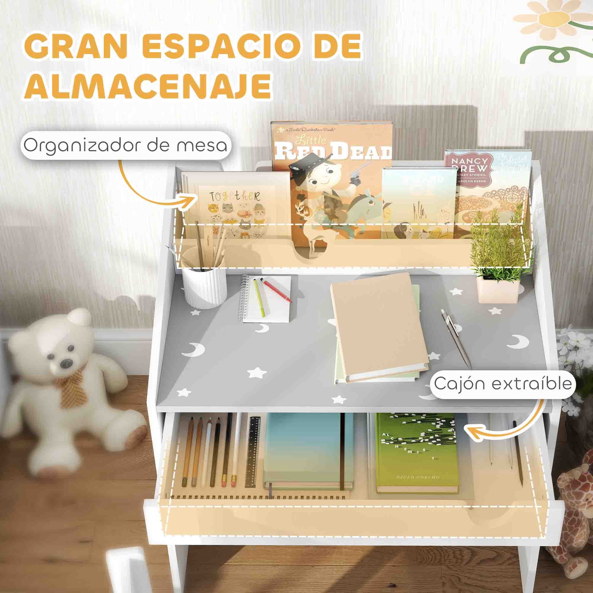 Kids Desk and Chair Set for +3 Years Old Children Children's Desk with Removable Drawer and Compartment for Bedroom Study Room Gray and White