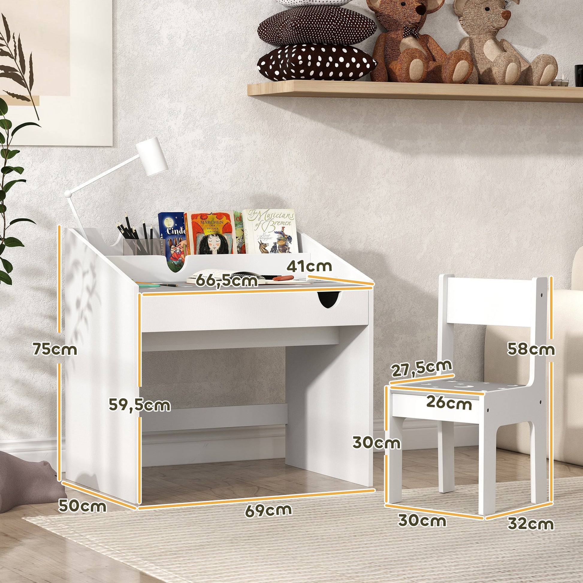 Kids Desk and Chair Set for +3 Years Old Children Children's Desk with Removable Drawer and Compartment for Bedroom Study Room Gray and White