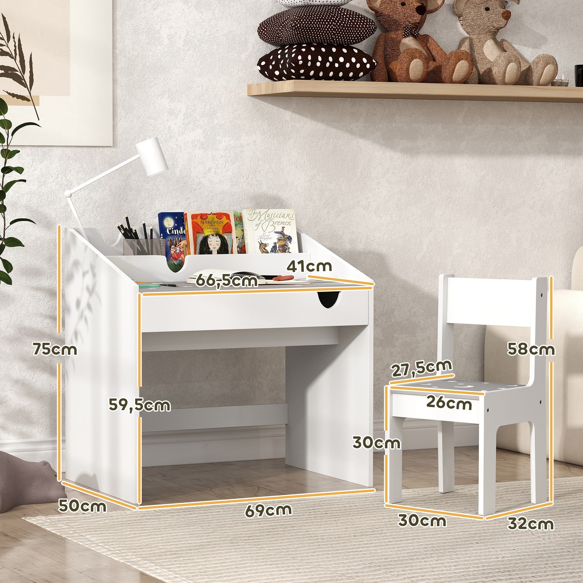 Kids Desk and Chair Set for +3 Years Old Children Children's Desk with Removable Drawer and Compartment for Bedroom Study Room Gray and White