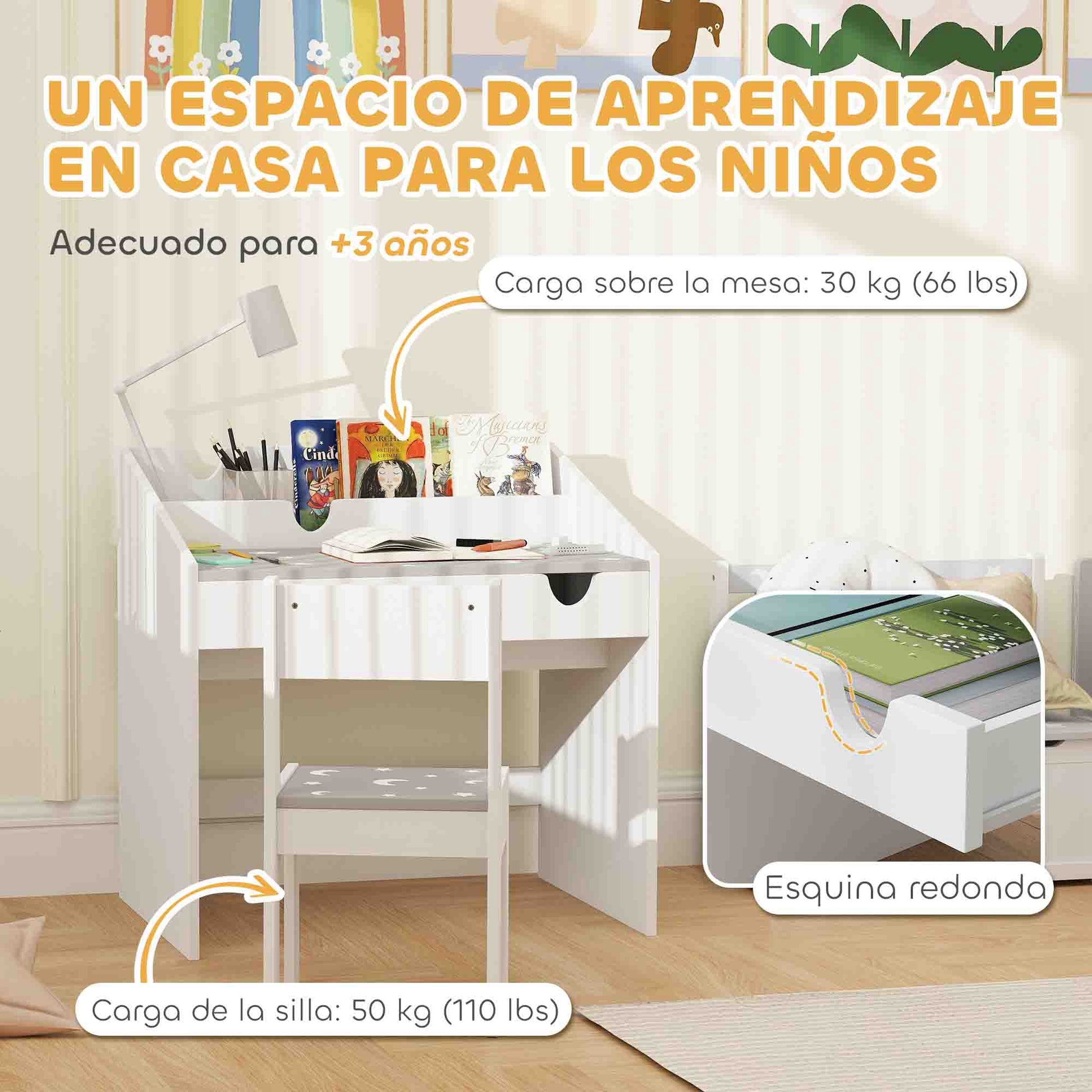Kids Desk and Chair Set for +3 Years Old Children Children's Desk with Removable Drawer and Compartment for Bedroom Study Room Gray and White