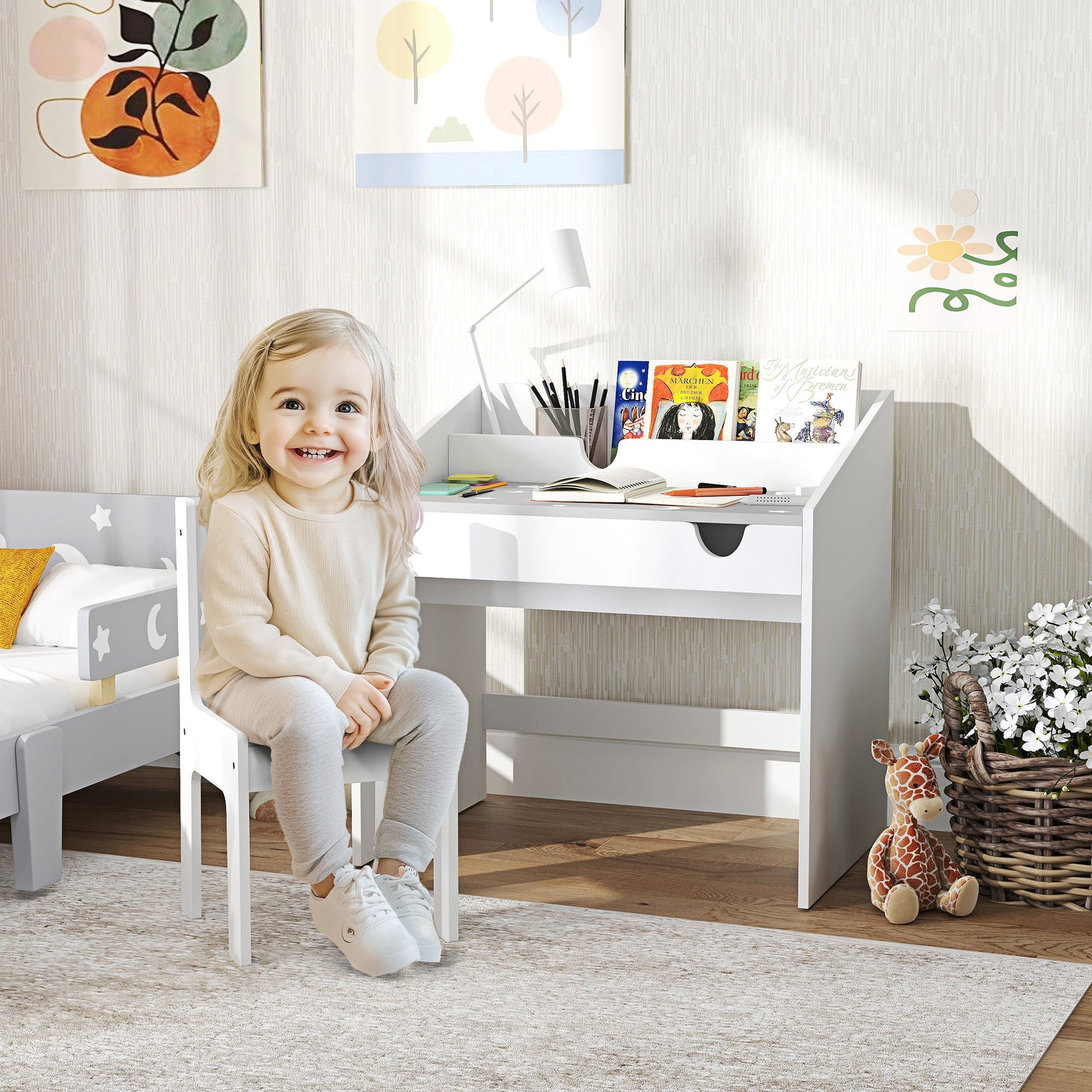 Kids Desk and Chair Set for +3 Years Old Children Children's Desk with Removable Drawer and Compartment for Bedroom Study Room Gray and White