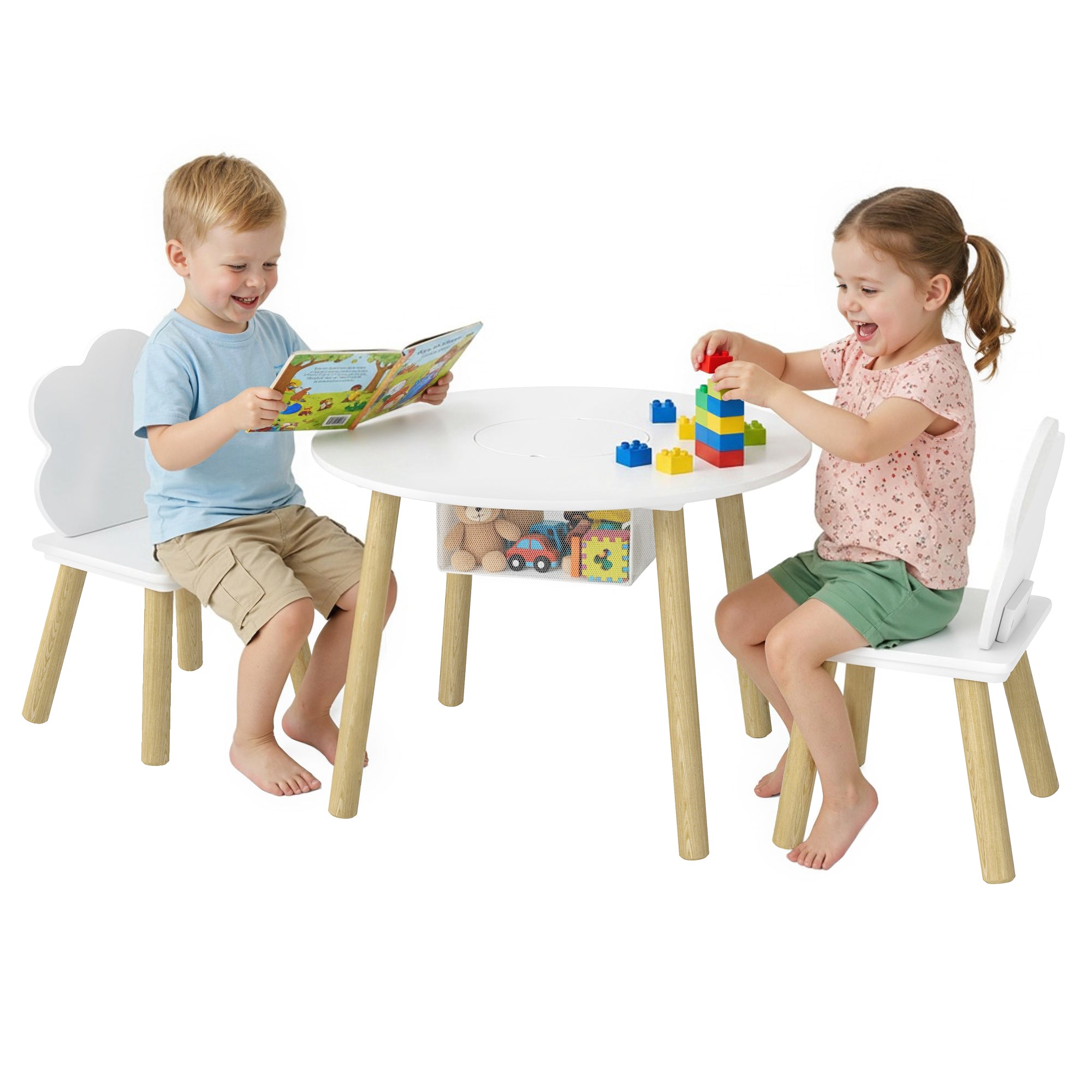 Kids Cloud Table with 2 Chairs, Wooden Set with Storage Bag for Drawing, Play, Study — Gift for Ages 3–6, Playroom, Nursery, White