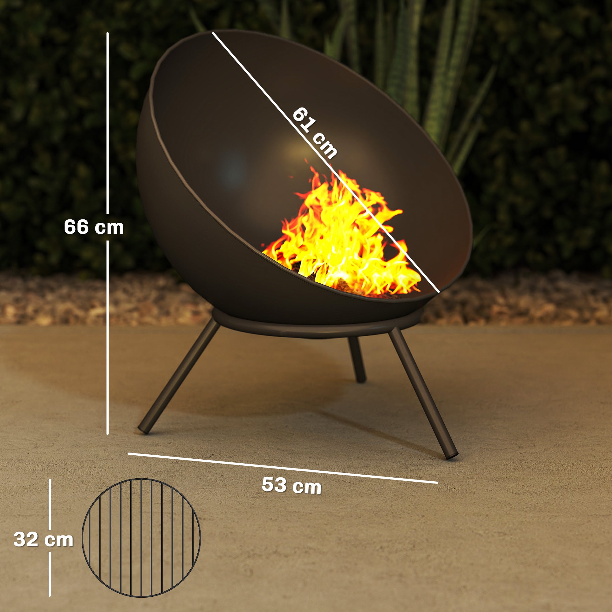 Fire Bowl 23.6 x 20.9 x 26.0 in (60 x 53 x 66 cm) Adjustable Fire Pit with Poker, Charcoal Grate & Stand – Garden, Balcony, Patio, Outdoor BBQ & Camping – Black