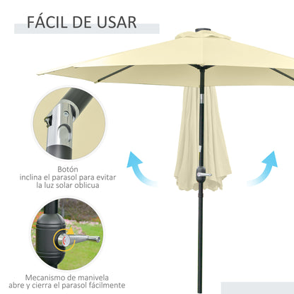Outdoor Terrace Umbrella Ø265 cm Garden Umbrella with 32 Solar LED Lights Steel Post and Crank Tilt Umbrella for Patio Terrace Beige