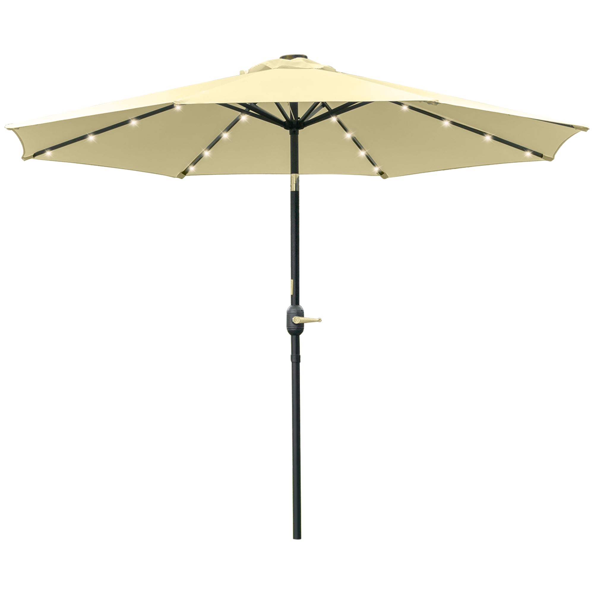 Outdoor Terrace Umbrella Ø265 cm Garden Umbrella with 32 Solar LED Lights Steel Post and Crank Tilt Umbrella for Patio Terrace Beige