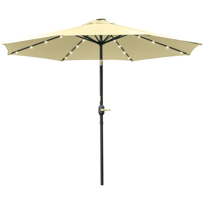 Outdoor Terrace Umbrella Ø265 cm Garden Umbrella with 32 Solar LED Lights Steel Post and Crank Tilt Umbrella for Patio Terrace Beige