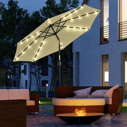 Outdoor Terrace Umbrella Ø265 cm Garden Umbrella with 32 Solar LED Lights Steel Post and Crank Tilt Umbrella for Patio Terrace Beige