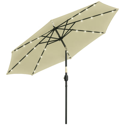 Outdoor Terrace Umbrella Ø265 cm Garden Umbrella with 32 Solar LED Lights Steel Post and Crank Tilt Umbrella for Patio Terrace Beige