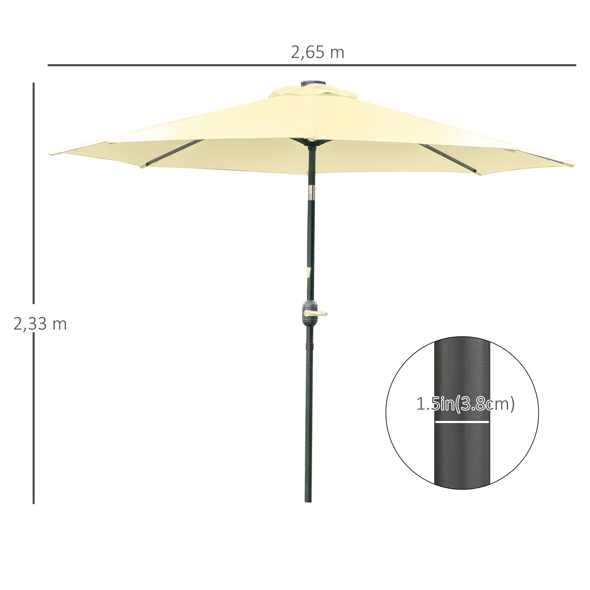 Outdoor Terrace Umbrella Ø265 cm Garden Umbrella with 32 Solar LED Lights Steel Post and Crank Tilt Umbrella for Patio Terrace Beige