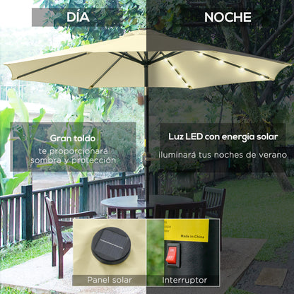 Outdoor Terrace Umbrella Ø265 cm Garden Umbrella with 32 Solar LED Lights Steel Post and Crank Tilt Umbrella for Patio Terrace Beige