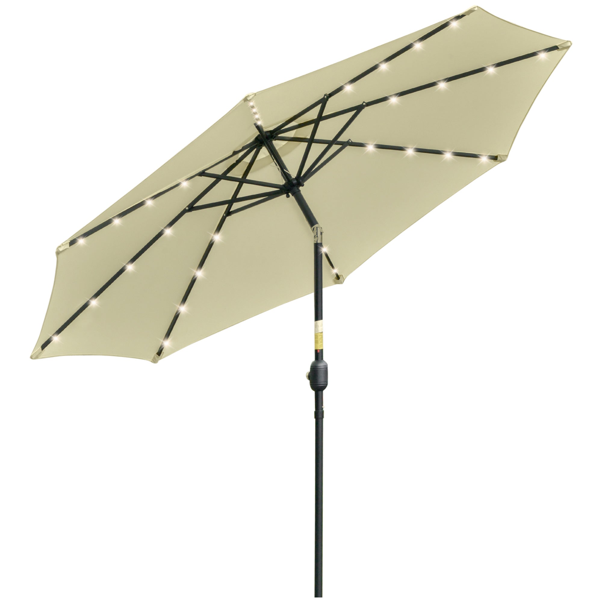Outdoor Terrace Umbrella Ø265 cm Garden Umbrella with 32 Solar LED Lights Steel Post and Crank Tilt Umbrella for Patio Terrace Beige