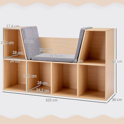 Children's Shelf Bookshelf with Seat Bench Children's Bench with 6 Compartments Seat Chest with 3 Cushions Toy Box from 3 Years Gray+Natural 103 x 30 x 62 cm