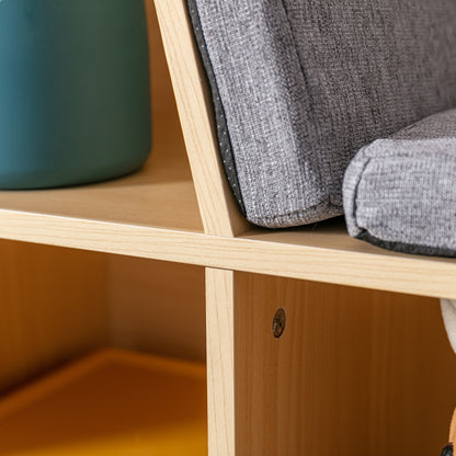 Children's Shelf Bookshelf with Seat Bench Children's Bench with 6 Compartments Seat Chest with 3 Cushions Toy Box from 3 Years Gray+Natural 103 x 30 x 62 cm