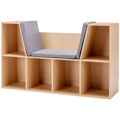 Children's Shelf Bookshelf with Seat Bench Children's Bench with 6 Compartments Seat Chest with 3 Cushions Toy Box from 3 Years Gray+Natural 103 x 30 x 62 cm