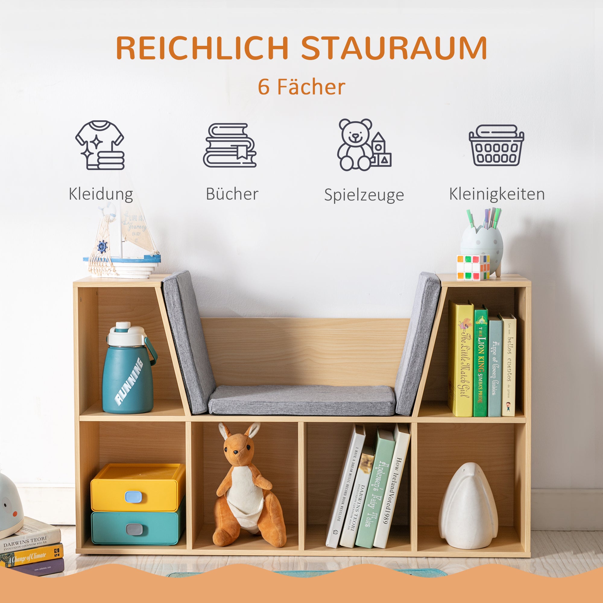 Children's Shelf Bookshelf with Seat Bench Children's Bench with 6 Compartments Seat Chest with 3 Cushions Toy Box from 3 Years Gray+Natural 103 x 30 x 62 cm