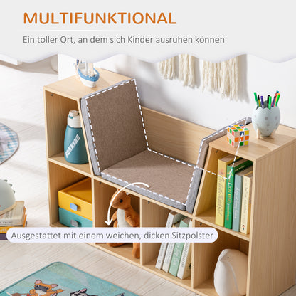 Children's Shelf Bookshelf with Seat Bench Children's Bench with 6 Compartments Seat Chest with 3 Cushions Toy Box from 3 Years Gray+Natural 103 x 30 x 62 cm
