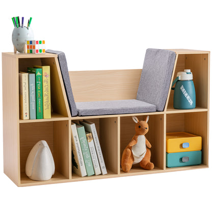 Children's Shelf Bookshelf with Seat Bench Children's Bench with 6 Compartments Seat Chest with 3 Cushions Toy Box from 3 Years Gray+Natural 103 x 30 x 62 cm