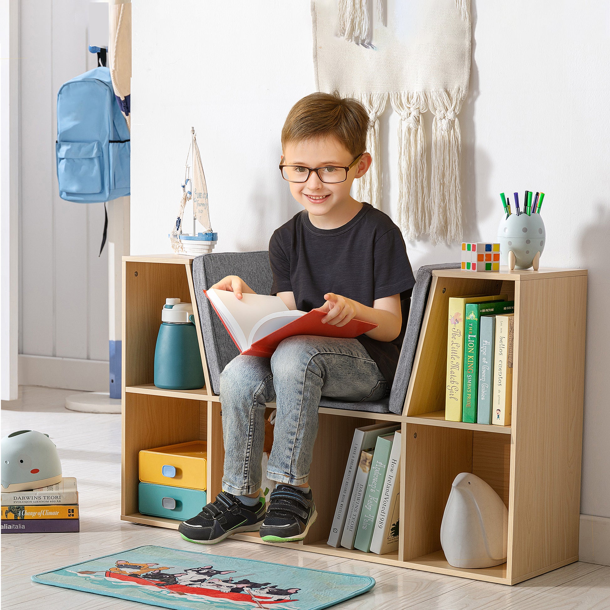 Children's Shelf Bookshelf with Seat Bench Children's Bench with 6 Compartments Seat Chest with 3 Cushions Toy Box from 3 Years Gray+Natural 103 x 30 x 62 cm