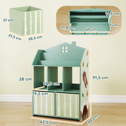 Children's Toy Shelf with Fabric Drawers, Open Shelves & Bear Design, Organizer for Bedroom, Playroom, Nursery — Green