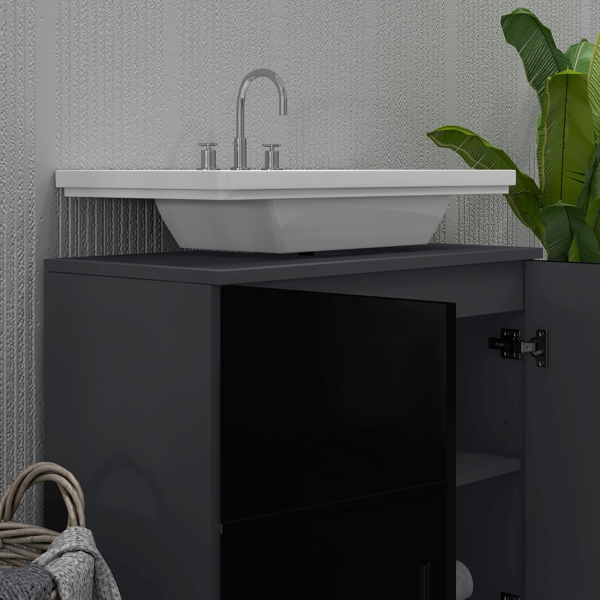 Under Sink Cabinet with 2 Doors, Bathroom Under Sink Storage Cabinet with Adjustable Shelf, for Sinks with or Without a Pedestal, 60x30x60cm, Black and Dark Gray