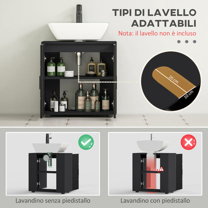 Under Sink Cabinet with 2 Doors, Bathroom Under Sink Storage Cabinet with Adjustable Shelf, for Sinks with or Without a Pedestal, 60x30x60cm, Black and Dark Gray