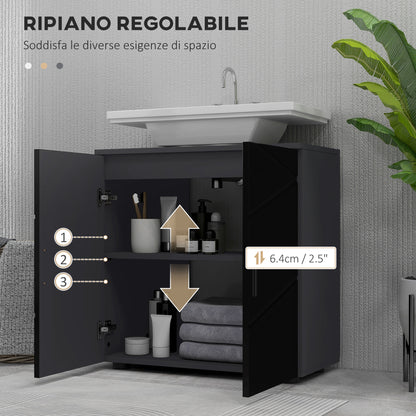 Under Sink Cabinet with 2 Doors, Bathroom Under Sink Storage Cabinet with Adjustable Shelf, for Sinks with or Without a Pedestal, 60x30x60cm, Black and Dark Gray