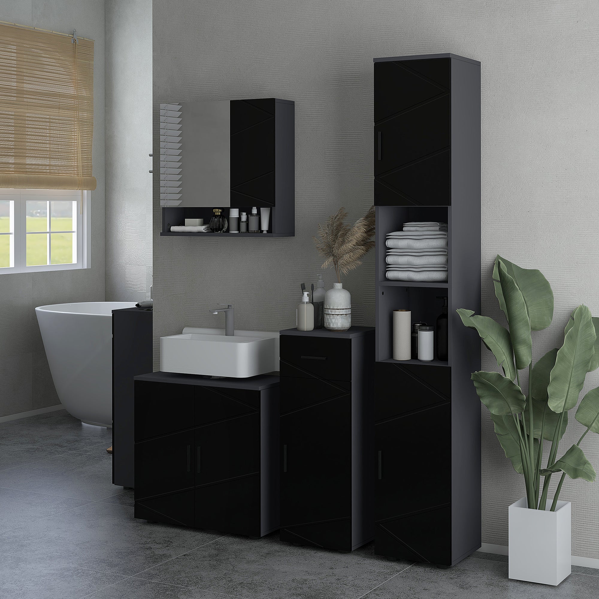 Under Sink Cabinet with 2 Doors, Bathroom Under Sink Storage Cabinet with Adjustable Shelf, for Sinks with or Without a Pedestal, 60x30x60cm, Black and Dark Gray