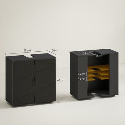 Under Sink Cabinet with 2 Doors, Bathroom Under Sink Storage Cabinet with Adjustable Shelf, for Sinks with or Without a Pedestal, 60x30x60cm, Black and Dark Gray