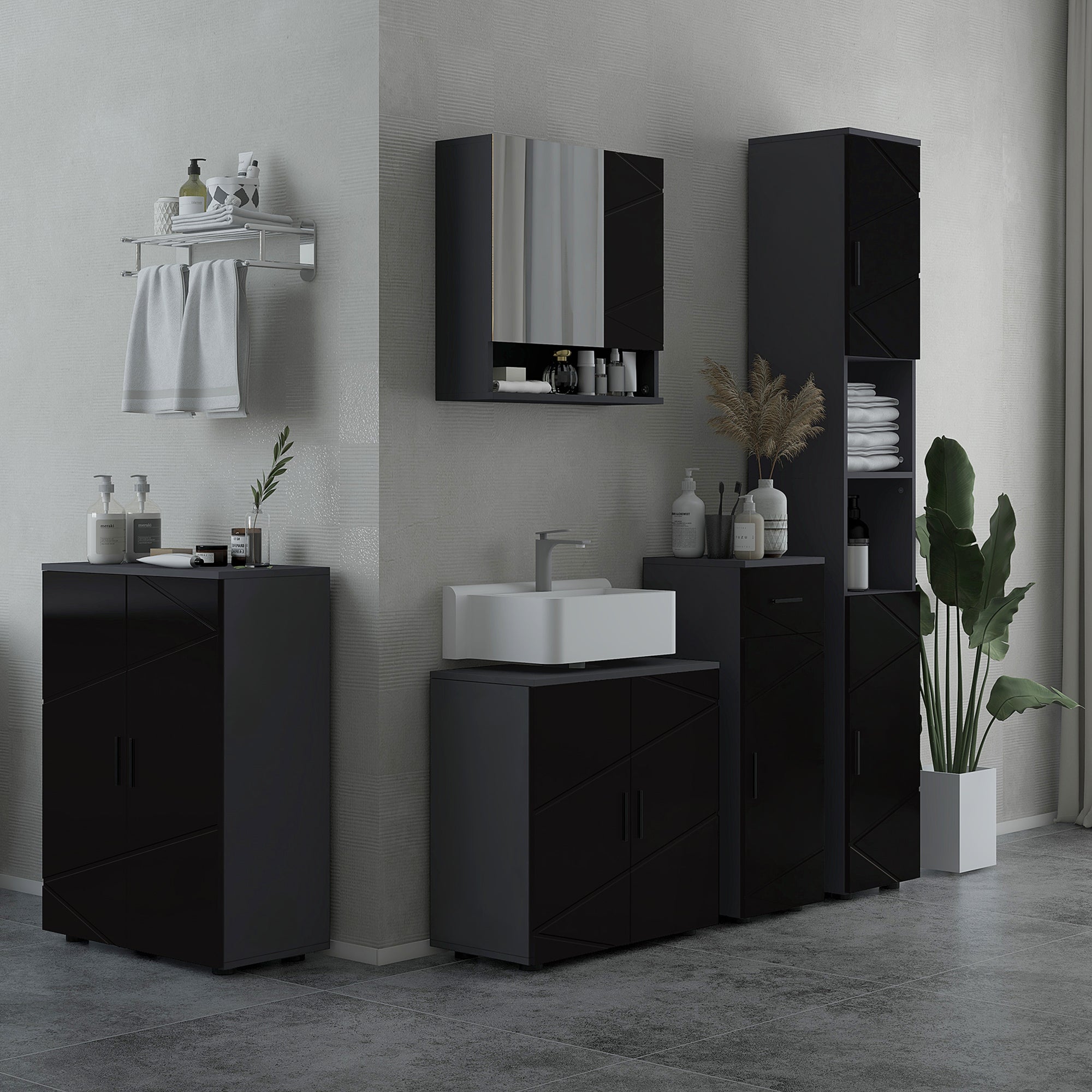 Under Sink Cabinet with 2 Doors, Bathroom Under Sink Storage Cabinet with Adjustable Shelf, for Sinks with or Without a Pedestal, 60x30x60cm, Black and Dark Gray